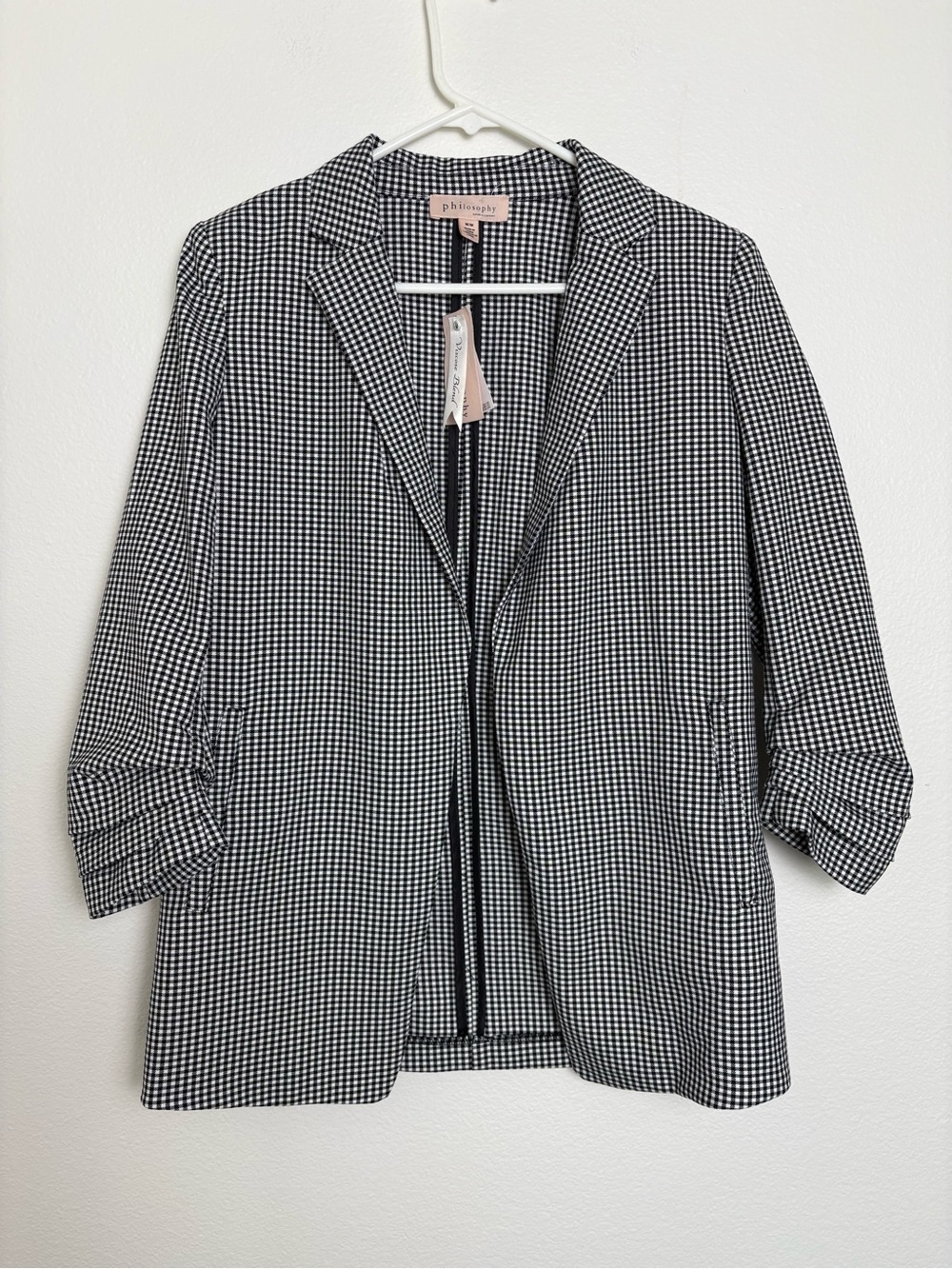 Philosophy Republic Black/ White Gingham Pattern, Ruched 3/4 Sleeves Duster Med